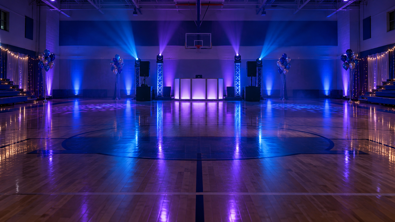 Empty school gym dance floor with DJ lighting